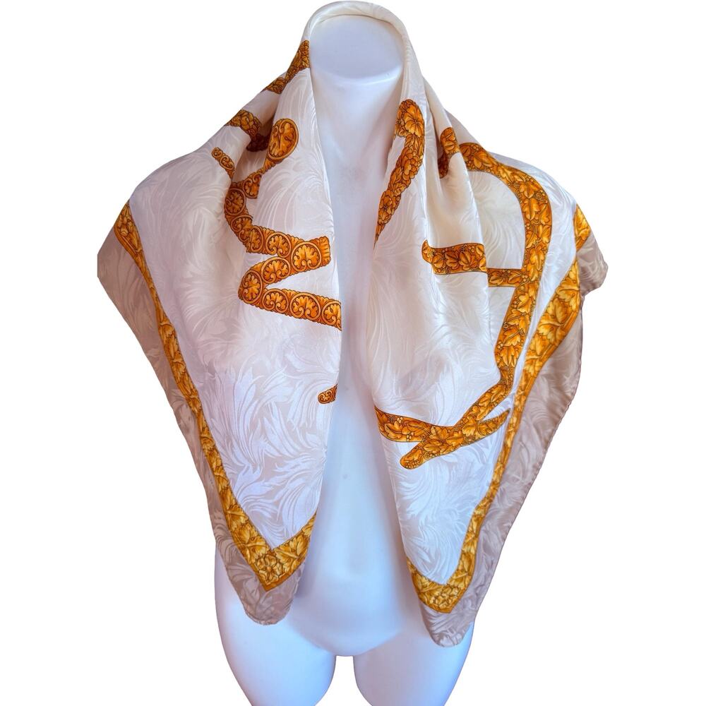 Vintage Enrico Coveri 80s Silk Scarf Ivory Gold Signature Italian Designer 33x35